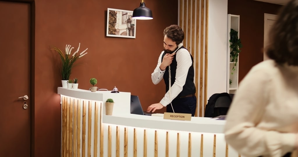 La Future Demand è il nuovo KPI strategico per i Revenue Manager. I moderni strumenti di tracciamento dati nel settore alberghiero permettono solo di inseguire la domanda; ma il fine è quello di anticiparla. Nella foto, il receptionist di un hotel che riceve una telefonata.